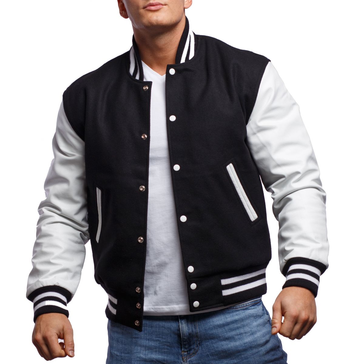 A person wearing a Bright Royal Wool Body & Bright White Leather Sleeves Letterman Jacket.