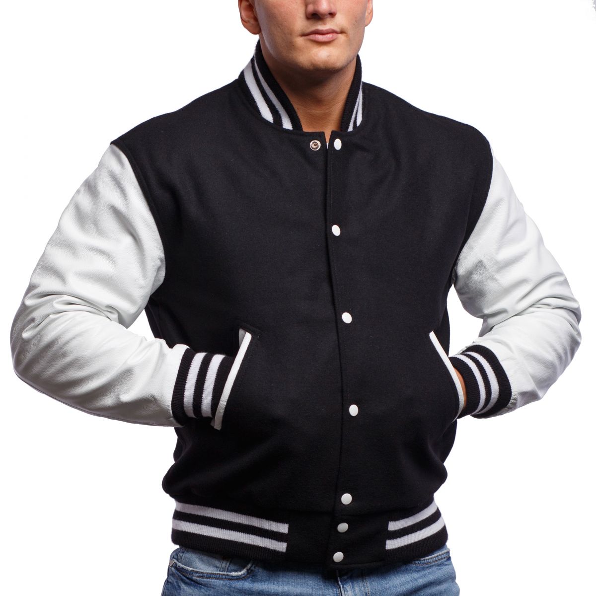 A person wearing a Bright Royal Wool Body & Bright White Leather Sleeves Letterman Jacket.