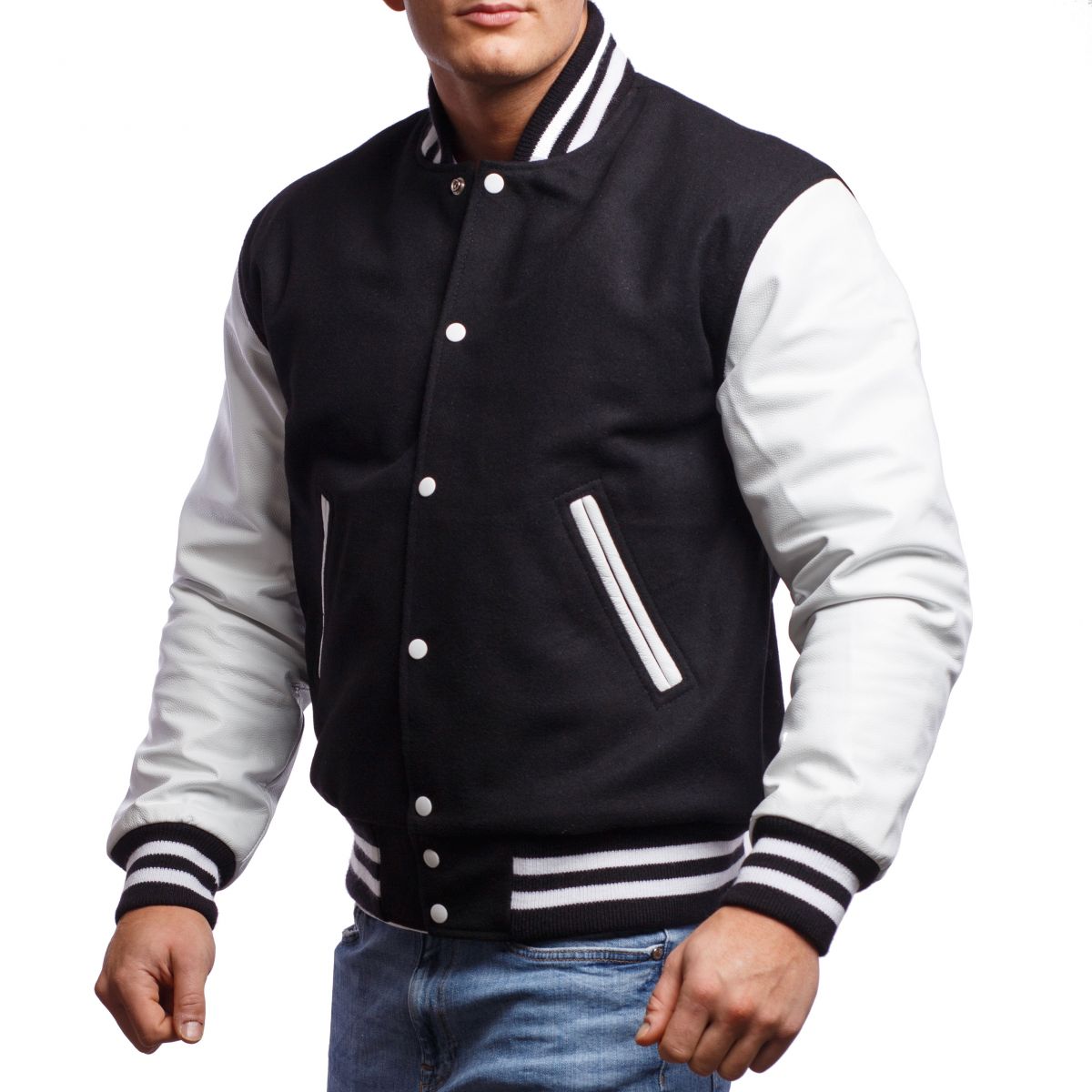 A person wearing a Bright Royal Wool Body & Bright White Leather Sleeves Letterman Jacket.