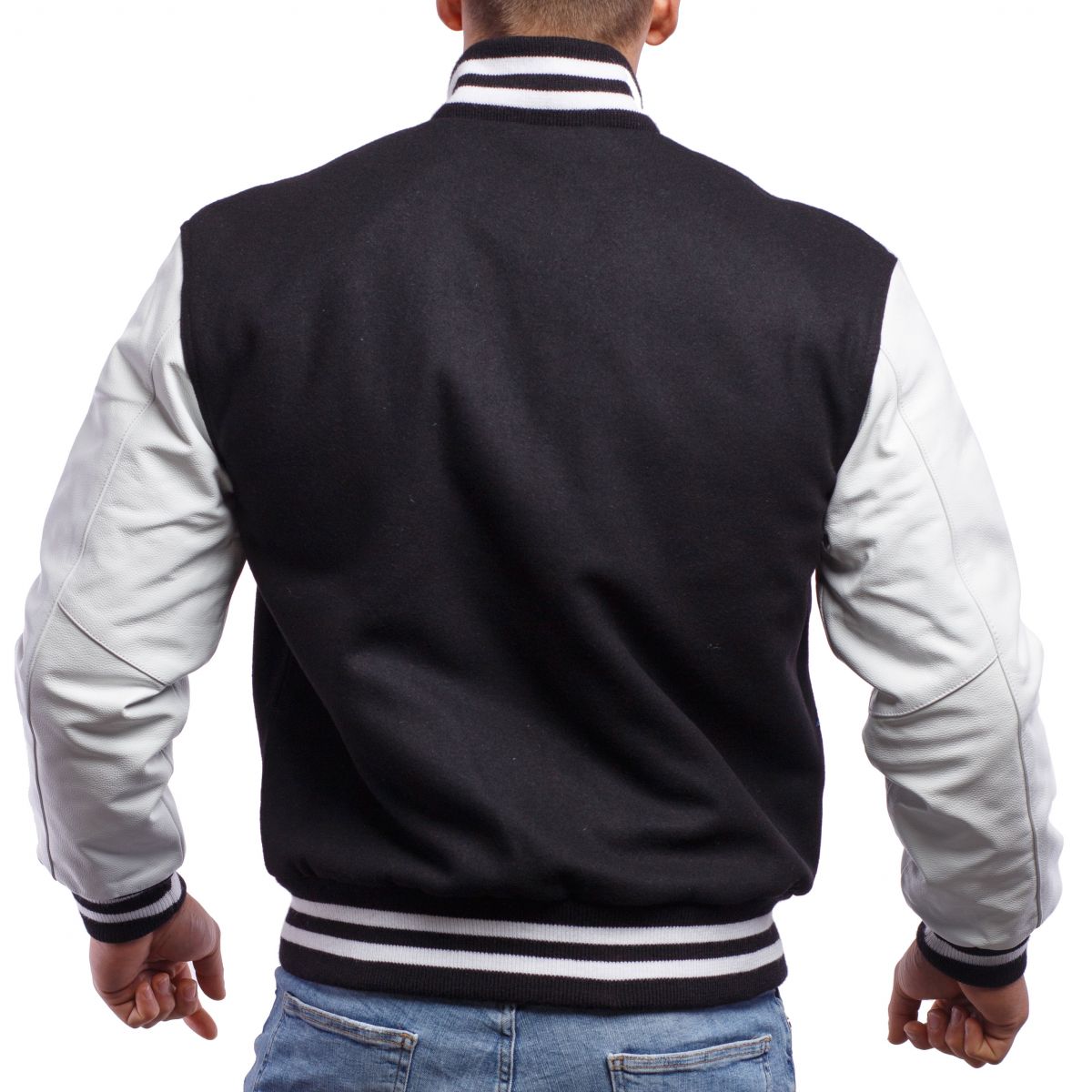 A person wearing a Bright Royal Wool Body & Bright White Leather Sleeves Letterman Jacket.