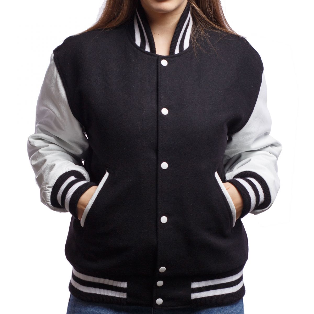 A person wearing a Black Wool Body & Bright White Leather Sleeves Letterman Jacket.