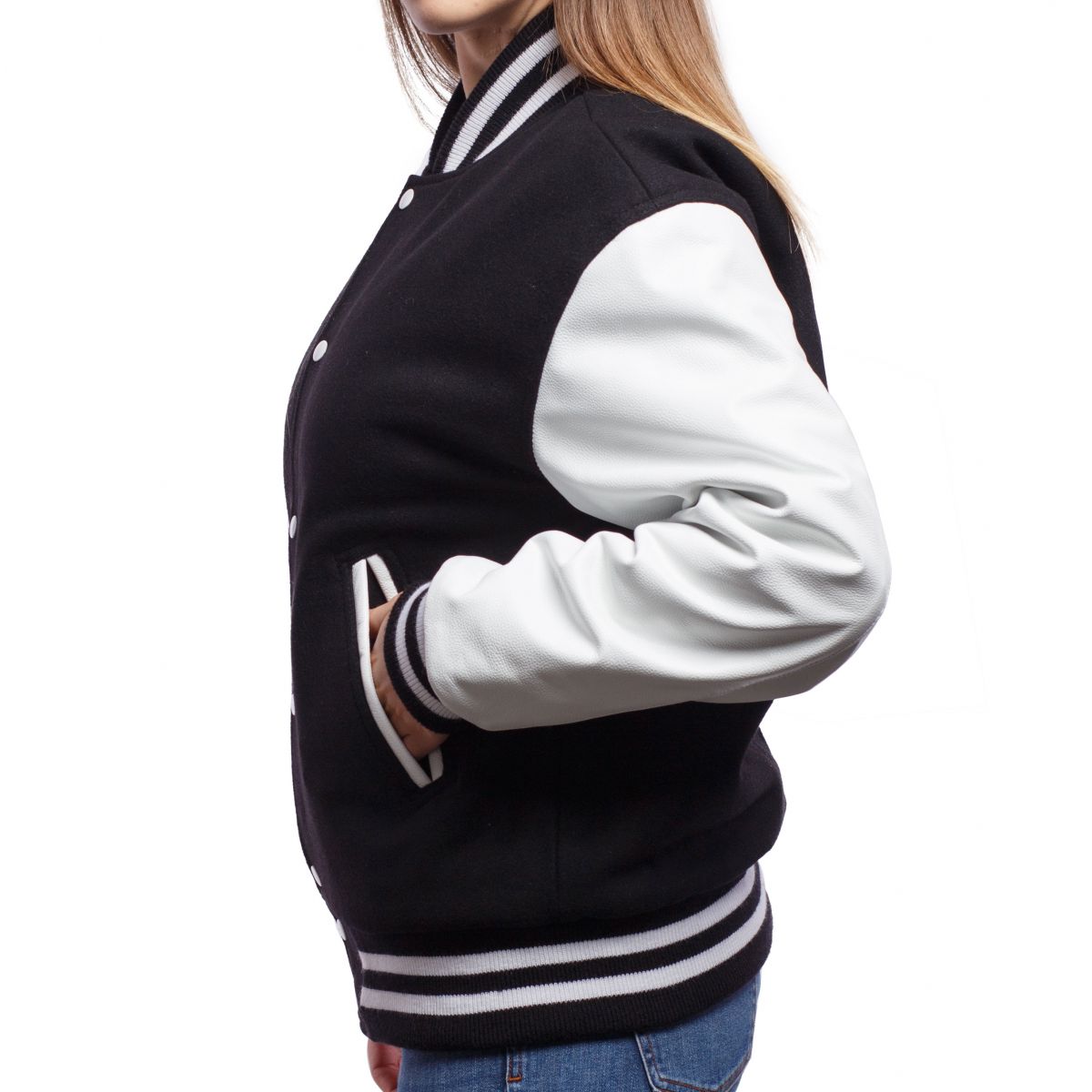 A person wearing a Black Wool Body & Bright White Leather Sleeves Letterman Jacket.