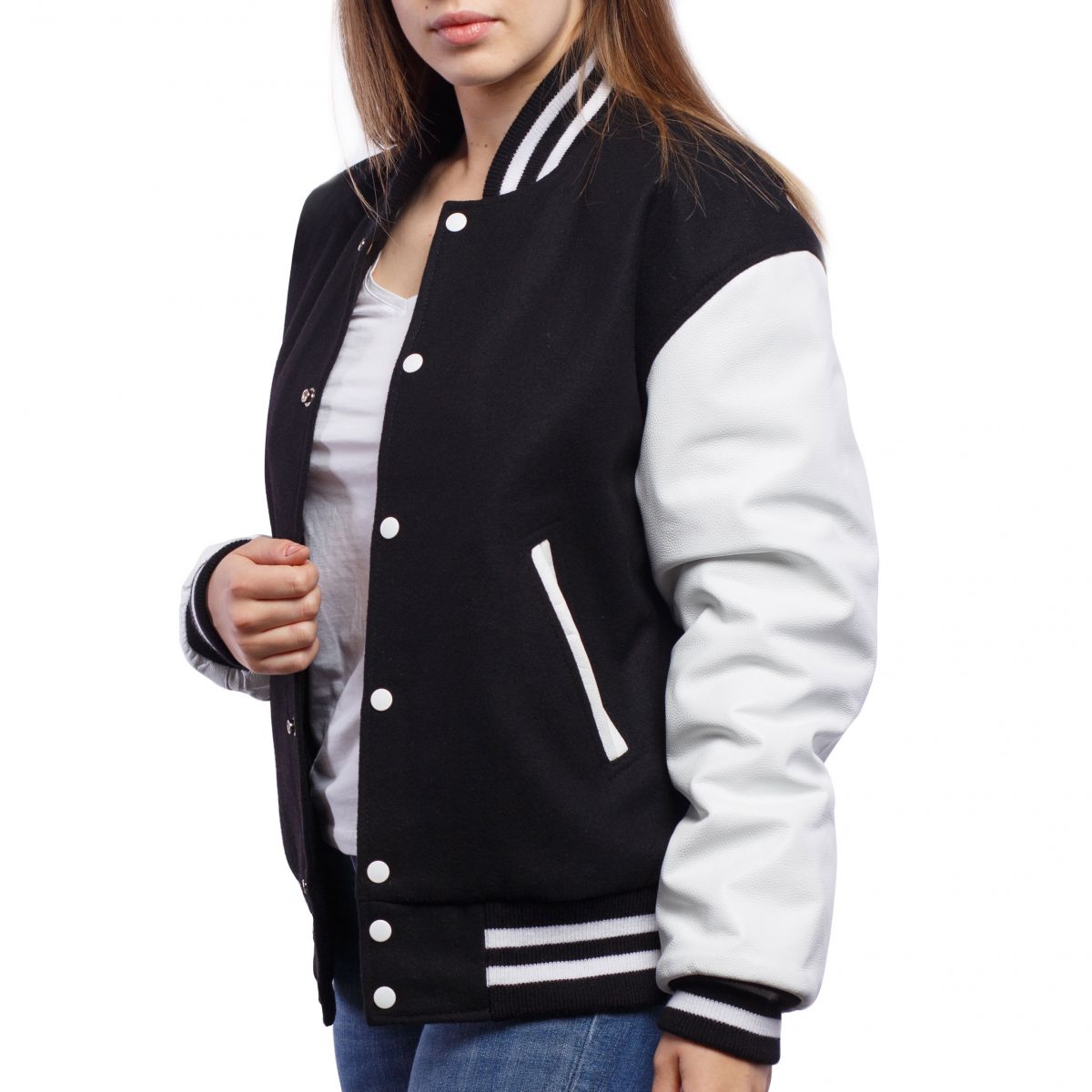 A person wearing a Black Wool Body & Bright White Leather Sleeves Letterman Jacket.