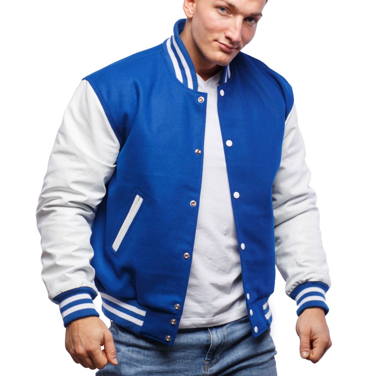 A person wearing a Bright Royal Wool Body & Bright White Leather Sleeves Letterman Jacket.