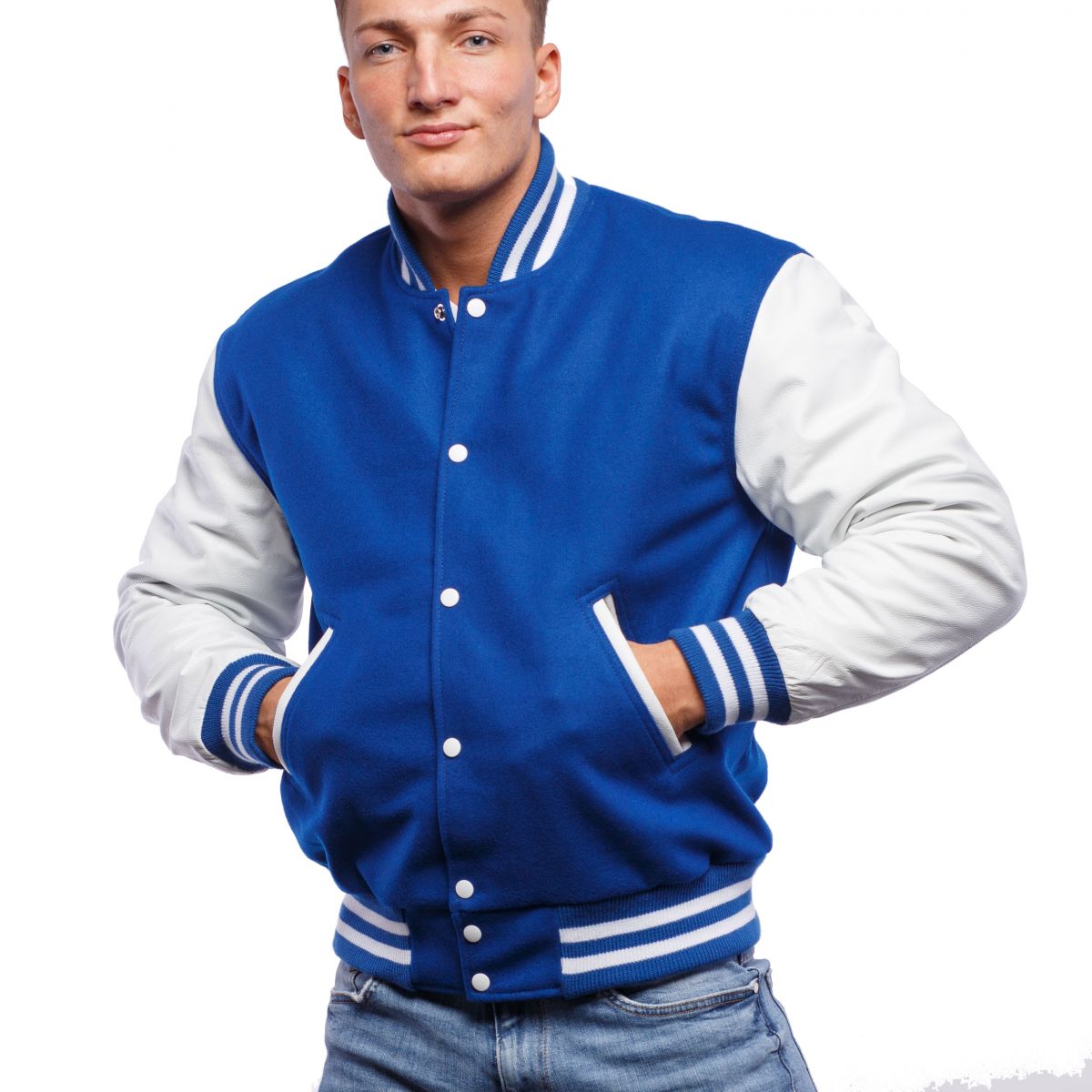 A person wearing a Bright Royal Wool Body & Bright White Leather Sleeves Letterman Jacket.