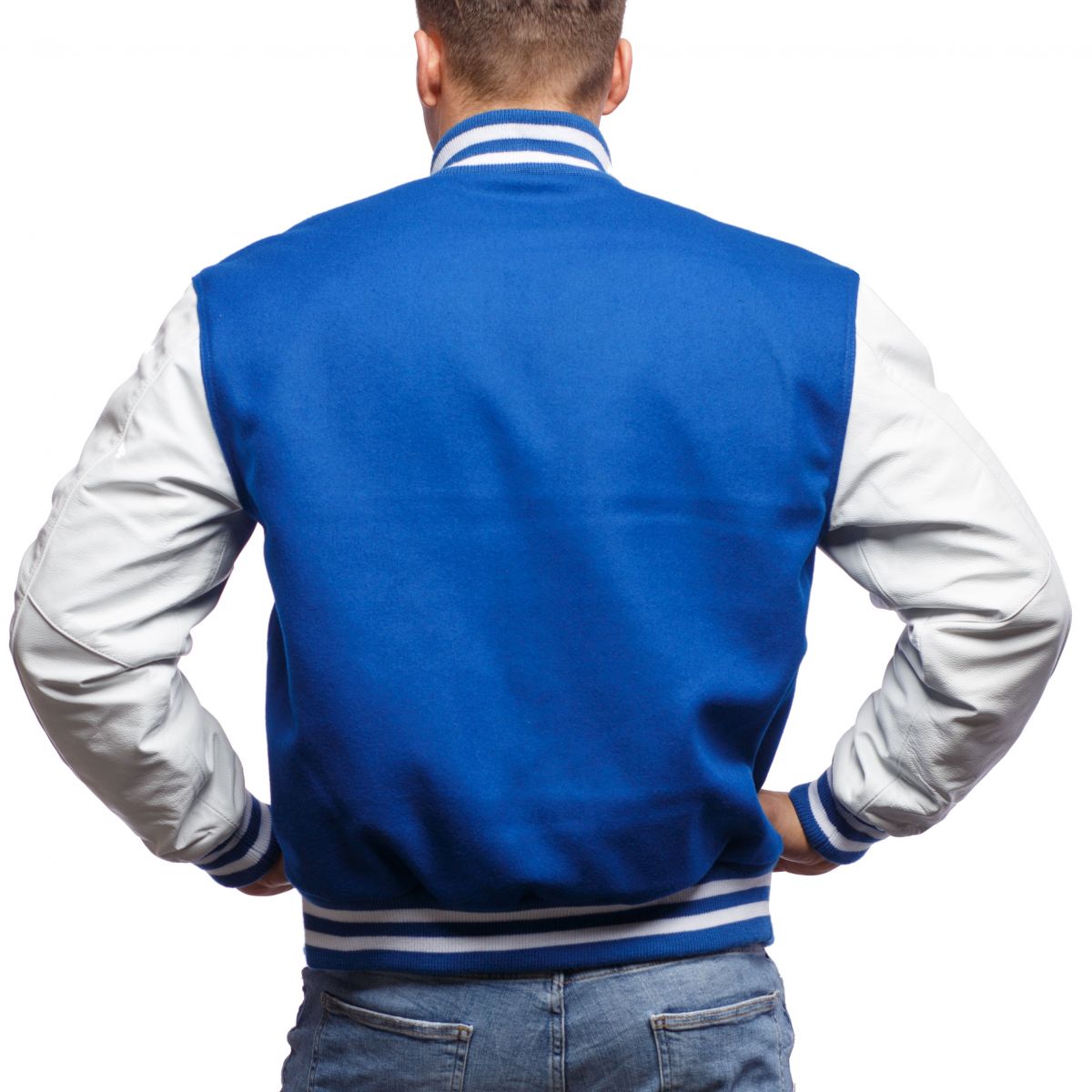 A person wearing a Bright Royal Wool Body & Bright White Leather Sleeves Letterman Jacket.