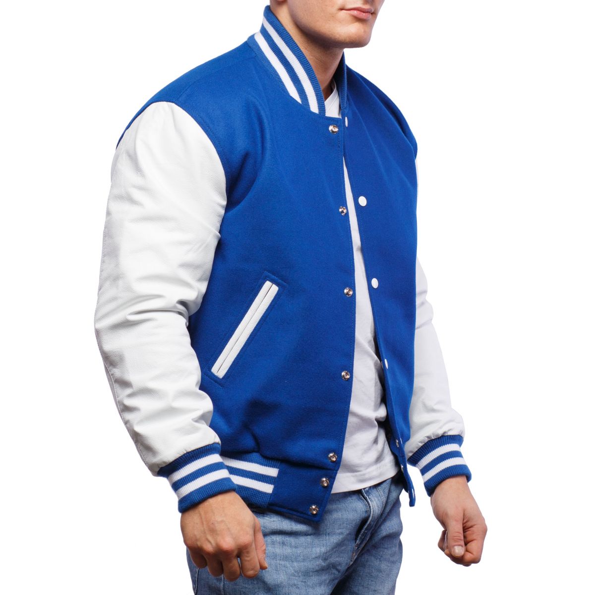 A person wearing a Bright Royal Wool Body & Bright White Leather Sleeves Letterman Jacket.