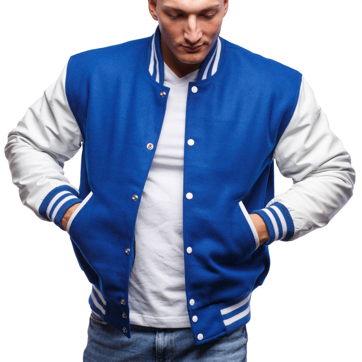 A person wearing a Bright Royal Wool Body & Bright White Leather Sleeves Letterman Jacket.