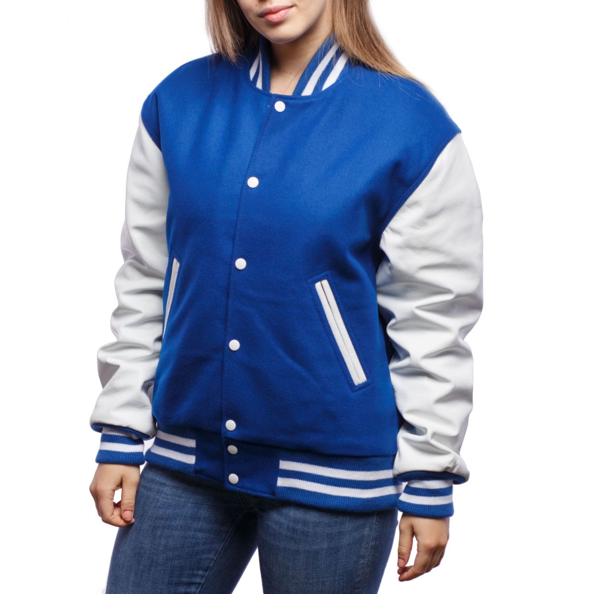 A person wearing a Bright Royal Wool Body & Bright White Leather Sleeves Letterman Jacket.