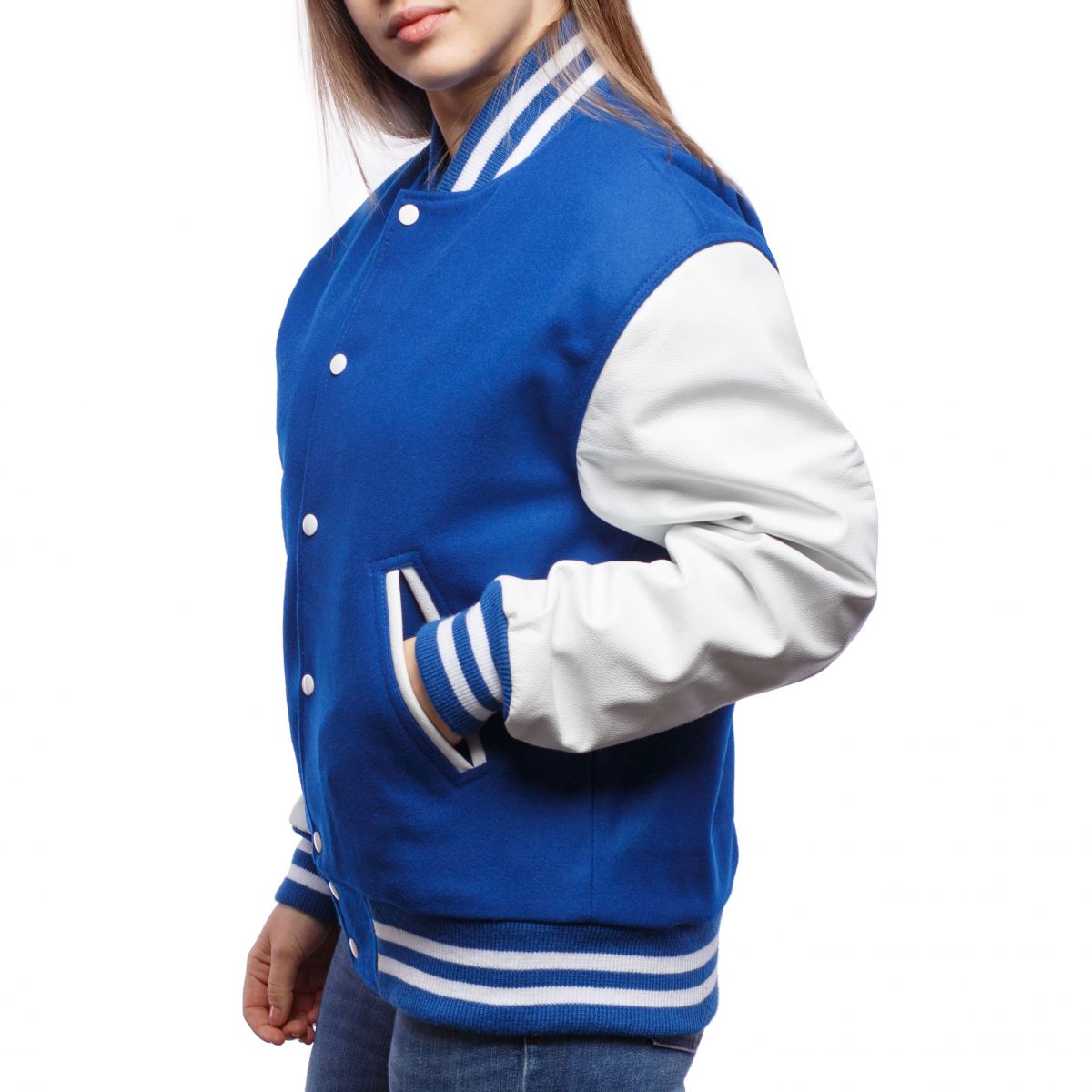 A person wearing a Bright Royal Wool Body & Bright White Leather Sleeves Letterman Jacket.