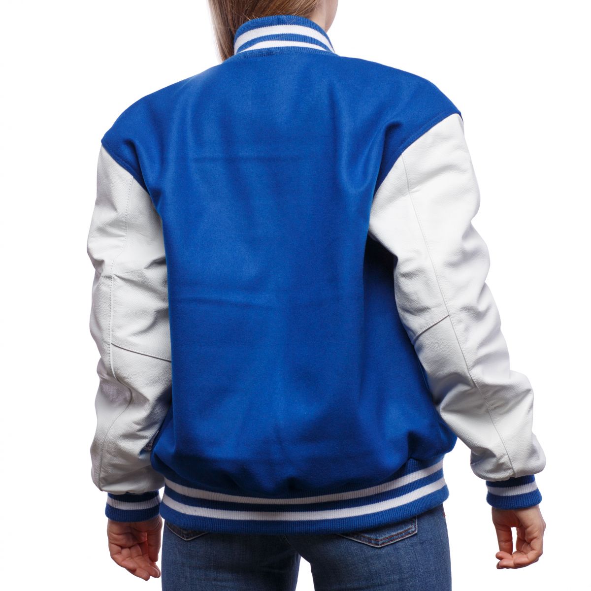 A person wearing a Bright Royal Wool Body & Bright White Leather Sleeves Letterman Jacket.