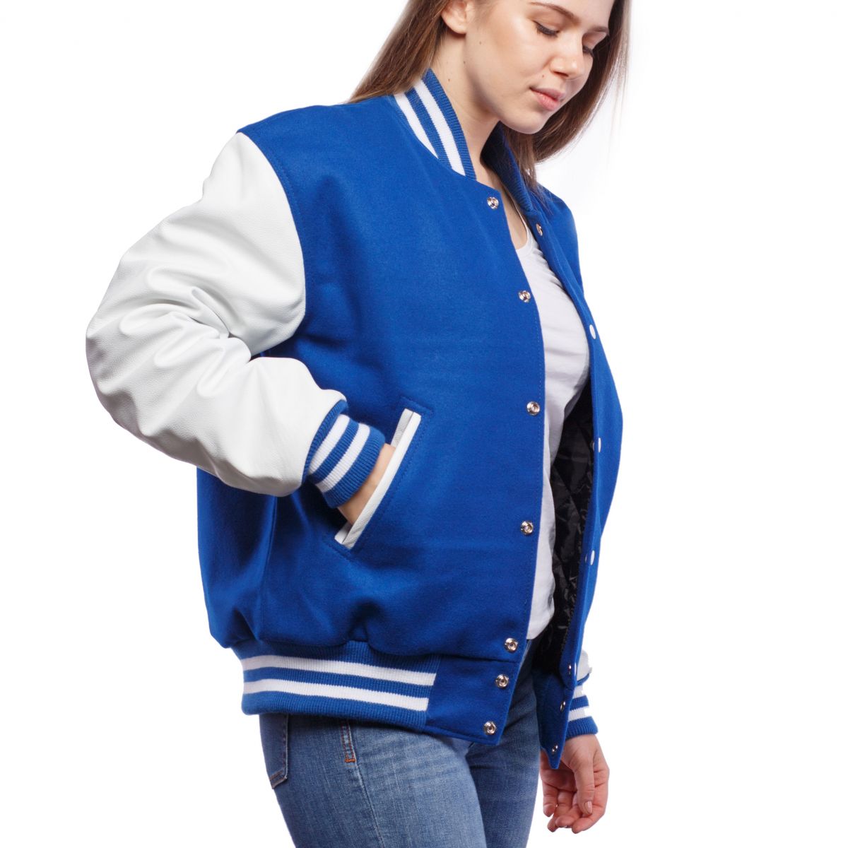 A person wearing a Bright Royal Wool Body & Bright White Leather Sleeves Letterman Jacket.