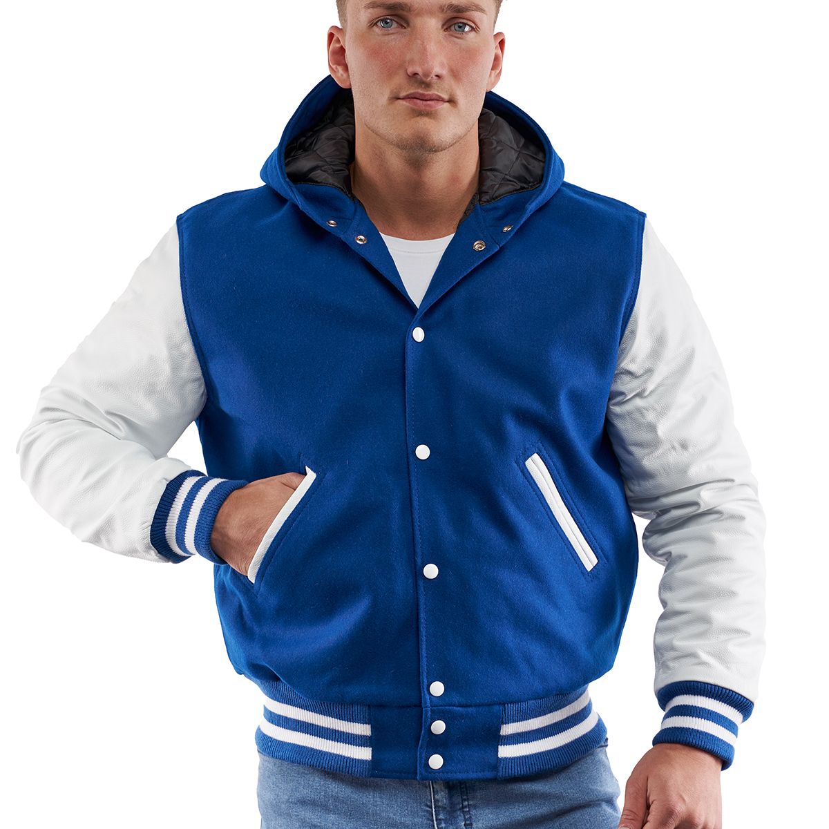 A person wearing a Bright Royal Wool Body & Bright White Sleeves Hoodie Letterman Jacket.