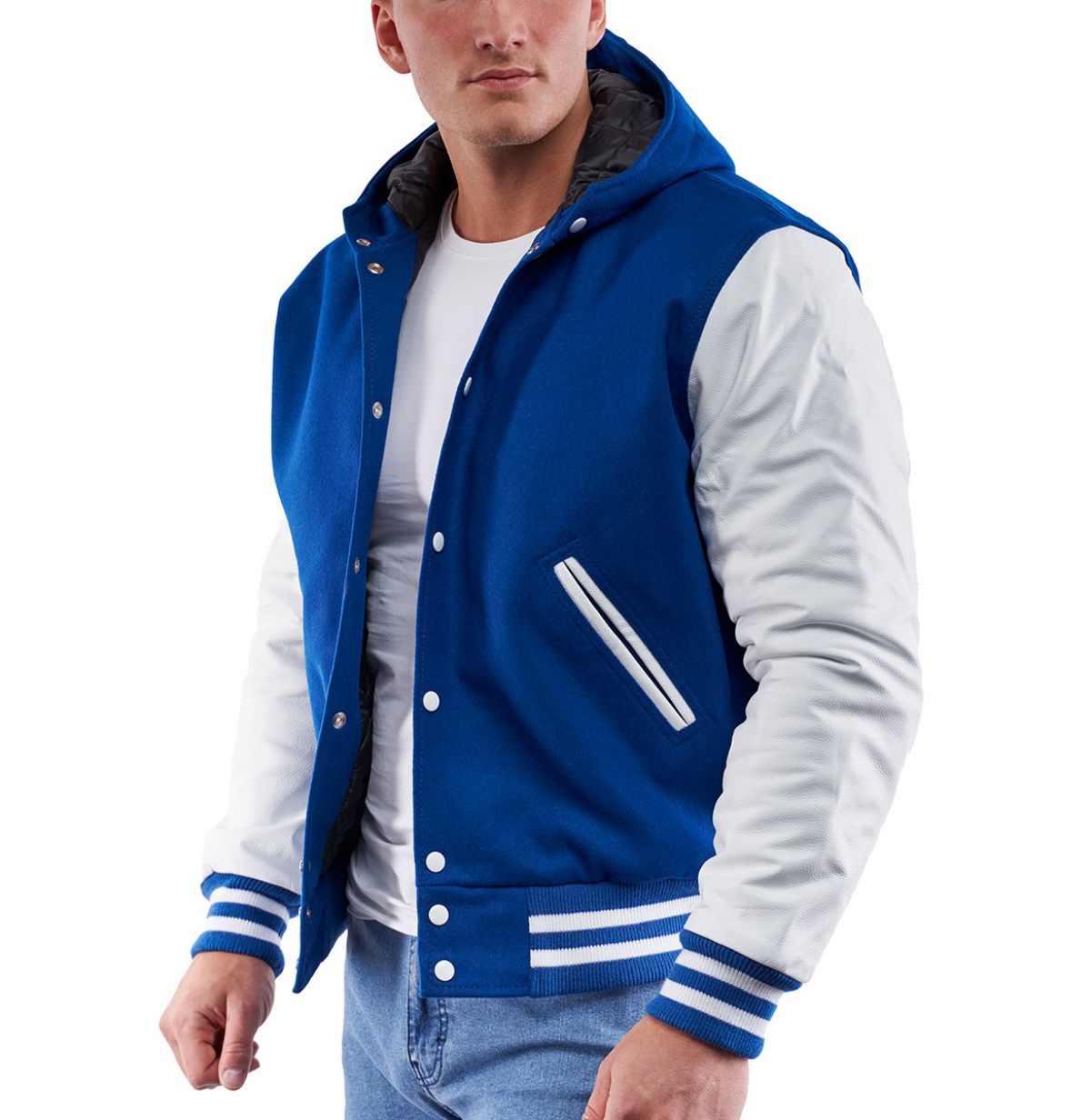 A person wearing a Bright Royal Wool Body & Bright White Sleeves Hoodie Letterman Jacket.