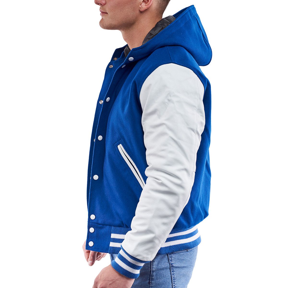 A person wearing a Bright Royal Wool Body & Bright White Sleeves Hoodie Letterman Jacket.