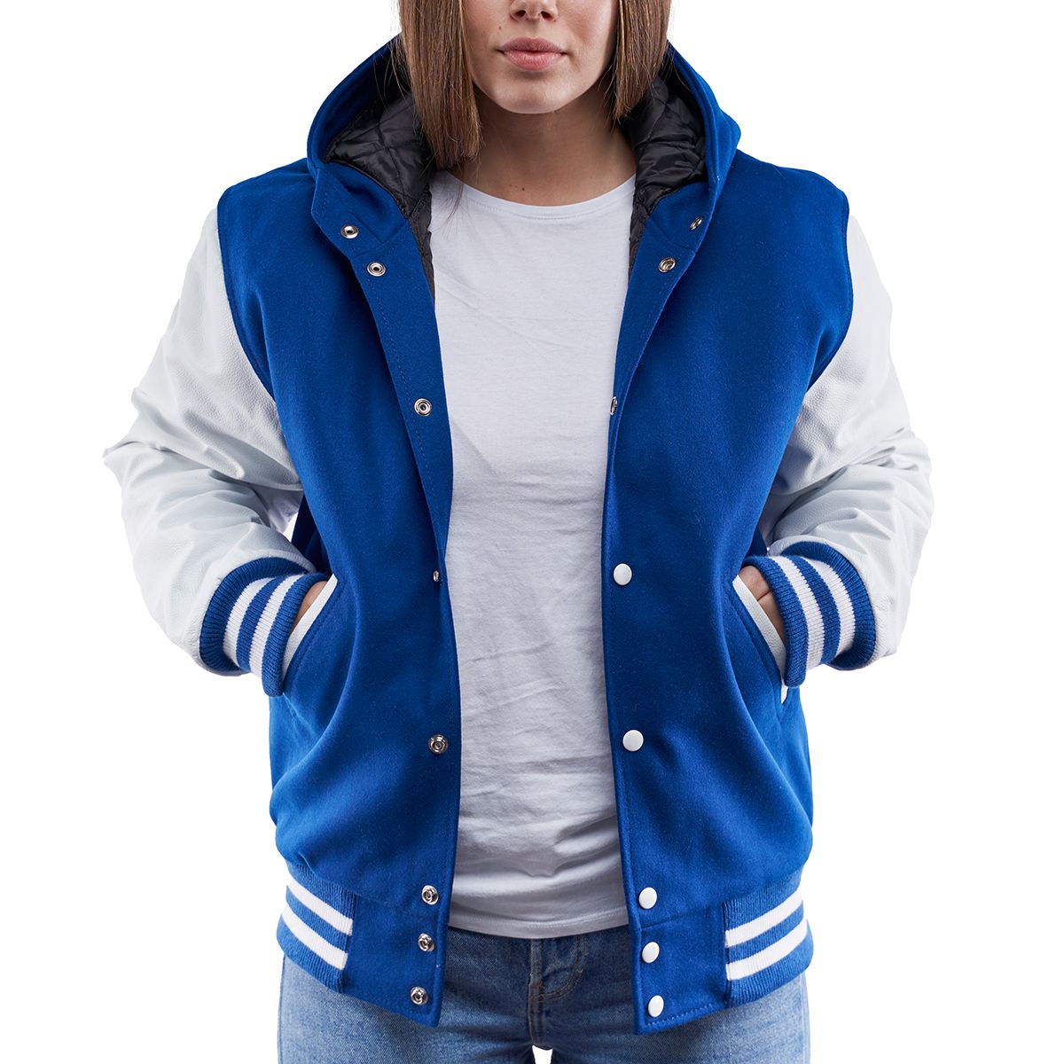A person wearing a Bright Royal Wool Body & Bright White Sleeves Hoodie Letterman Jacket.