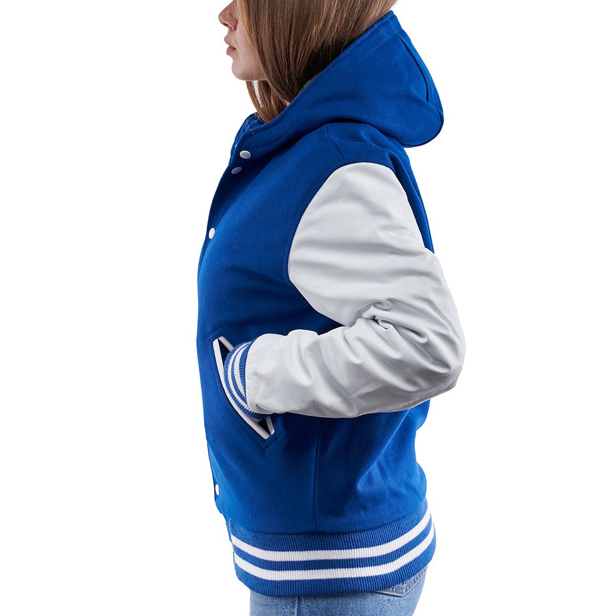 A person wearing a Bright Royal Wool Body & Bright White Sleeves Hoodie Letterman Jacket.