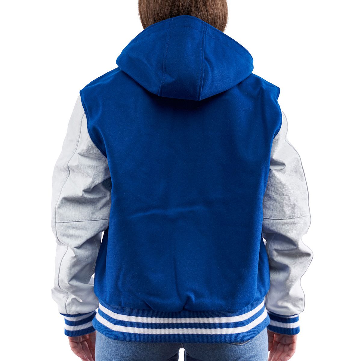 A person wearing a Bright Royal Wool Body & Bright White Sleeves Hoodie Letterman Jacket.