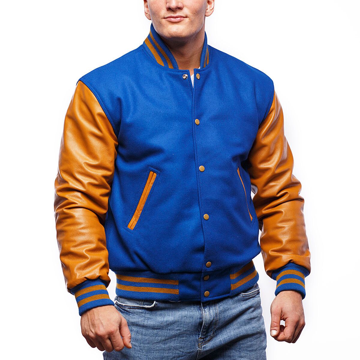 A person wearing a Bright Royal Wool Body & Old Gold Leather Sleeves Letterman Jacket.