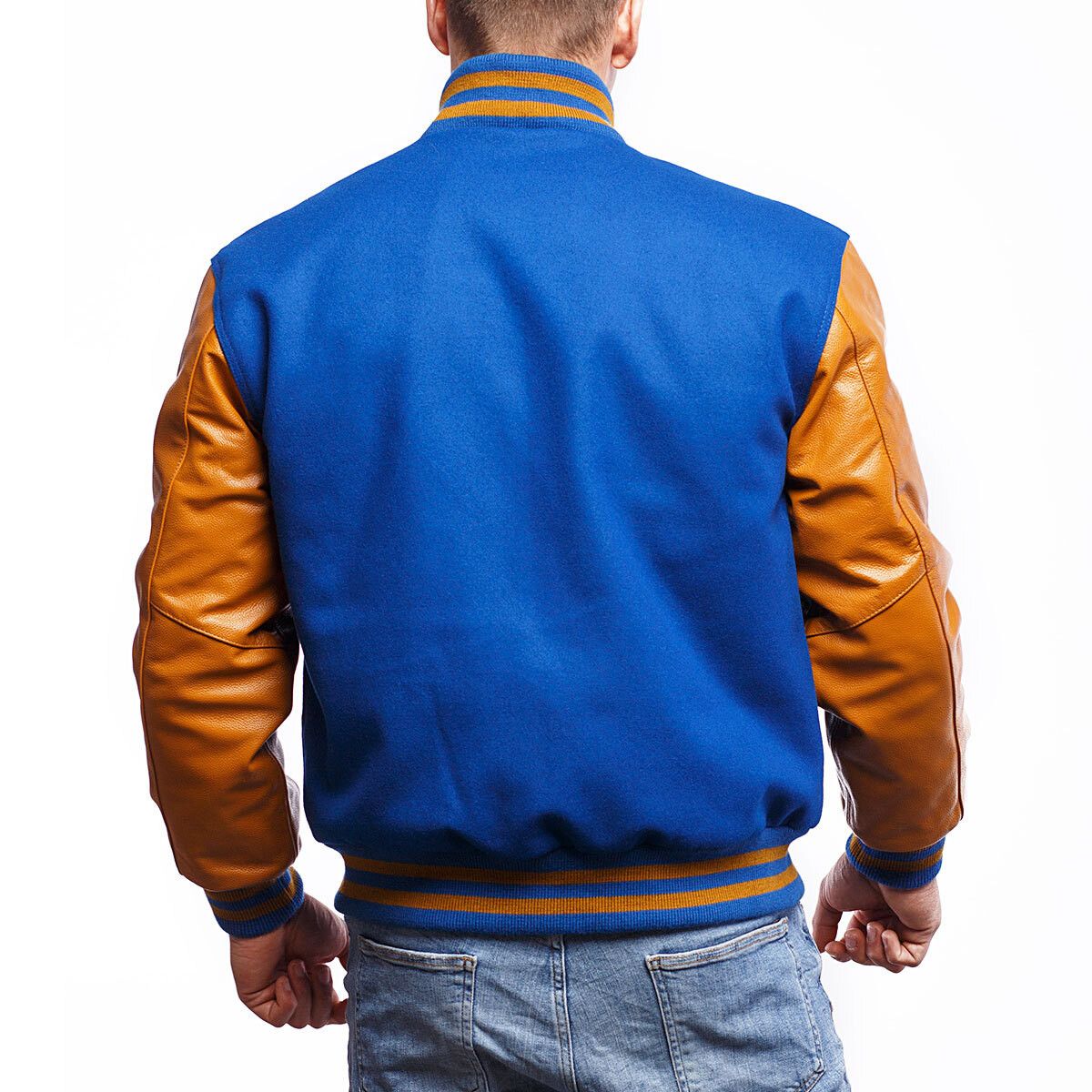 A person wearing a Bright Royal Wool Body & Old Gold Leather Sleeves Letterman Jacket.