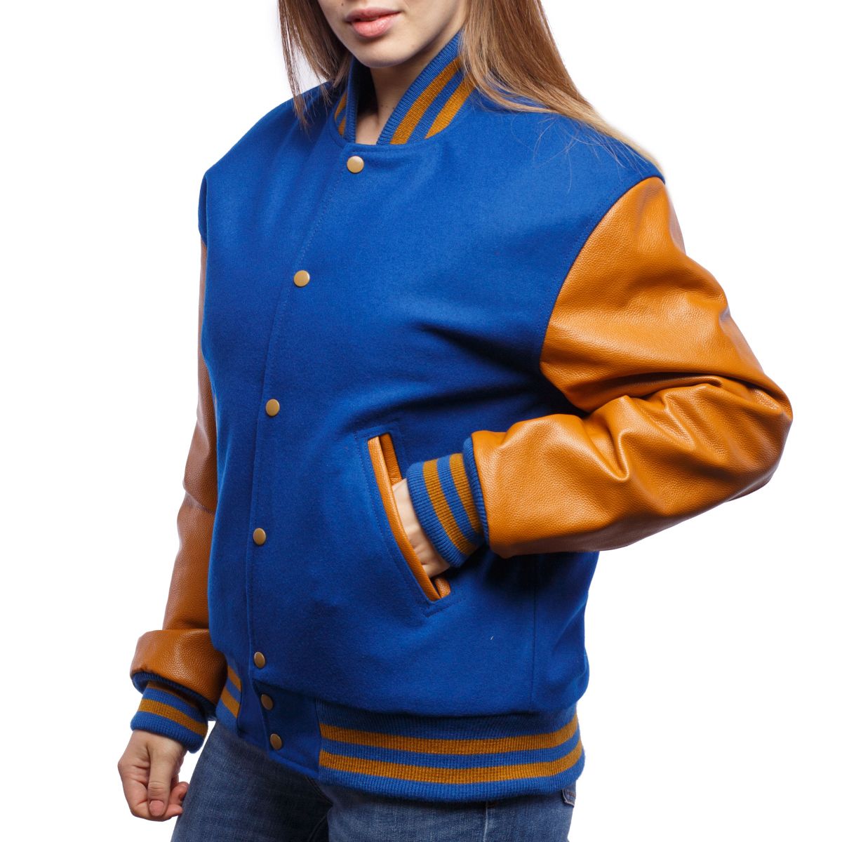 A person wearing a Bright Royal Wool Body & Old Gold Leather Sleeves Letterman Jacket.