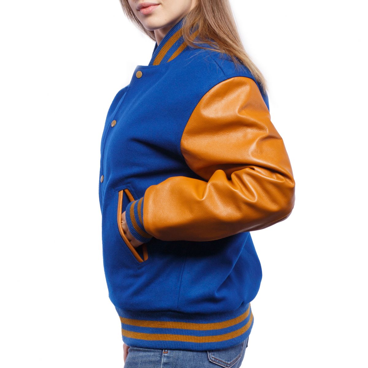 A person wearing a Bright Royal Wool Body & Old Gold Leather Sleeves Letterman Jacket.
