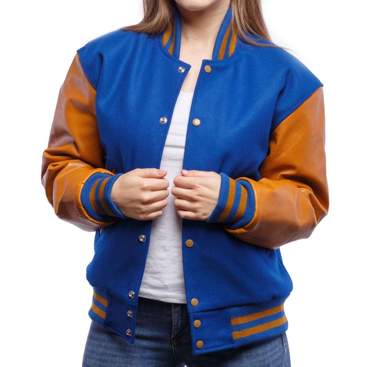 A person wearing a Bright Royal Wool Body & Old Gold Leather Sleeves Letterman Jacket.