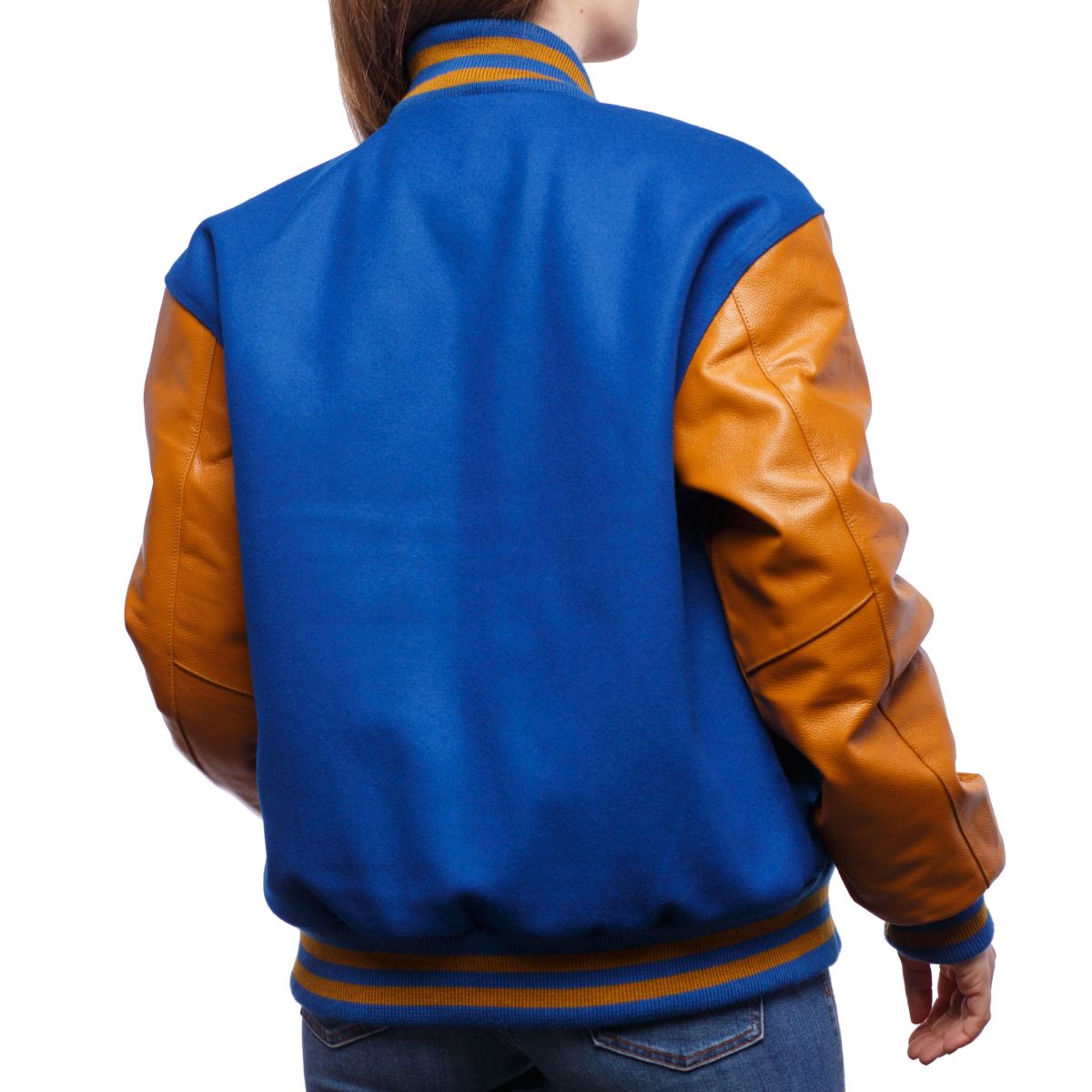 A person wearing a Bright Royal Wool Body & Old Gold Leather Sleeves Letterman Jacket.