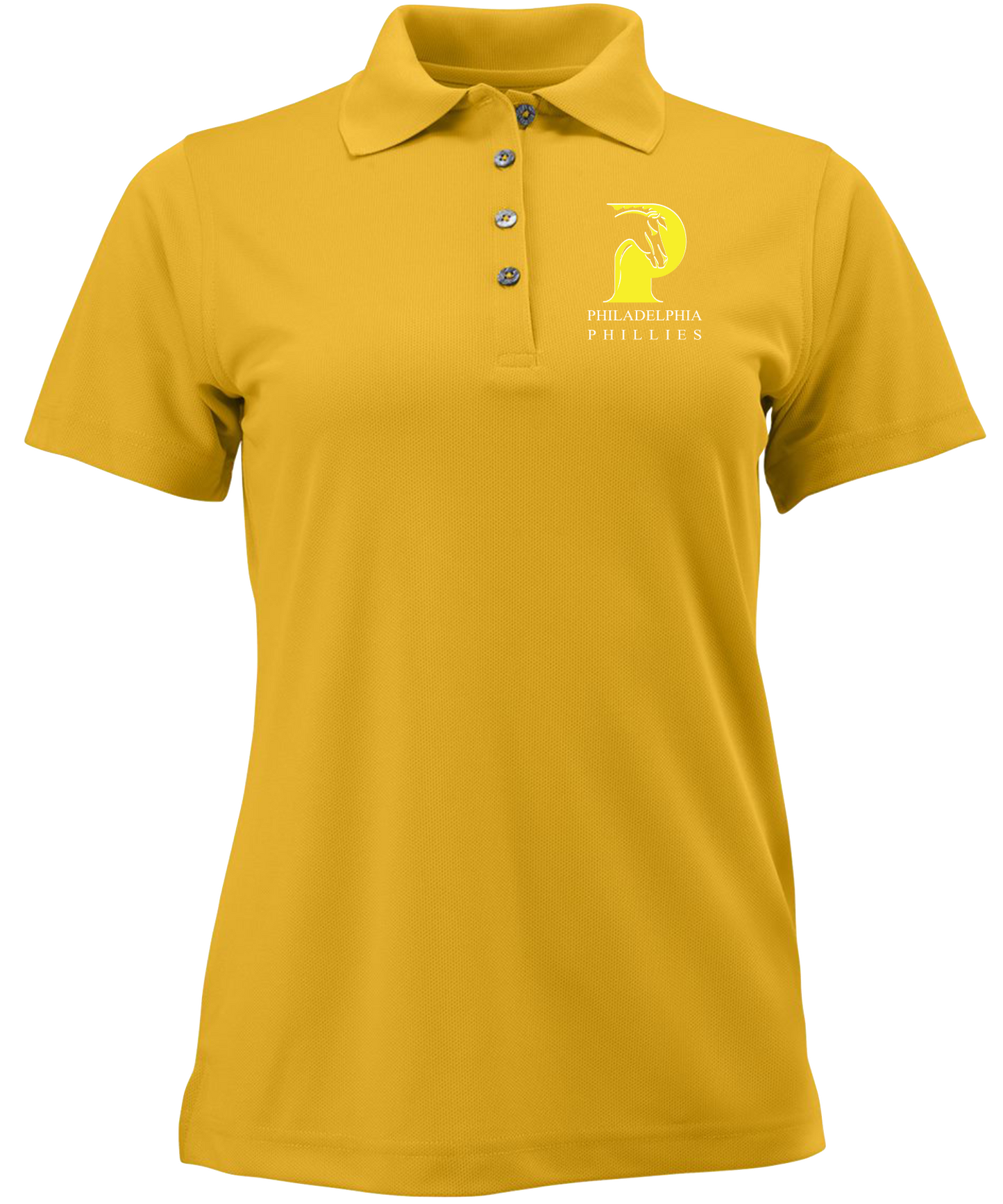 Gold Ladies’ polo embroidered with school logo and school name.