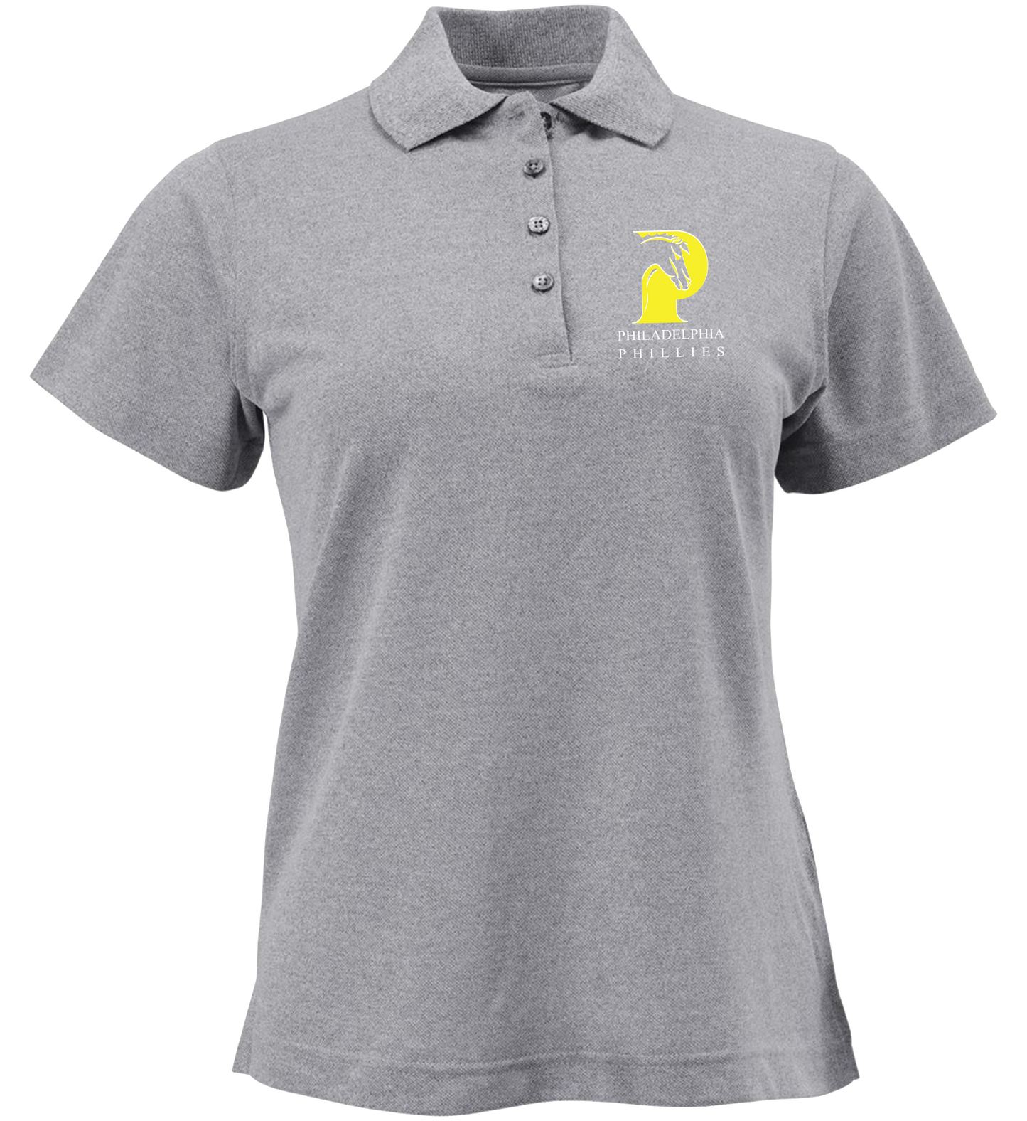 Heather Grey Ladies’ polo embroidered with school logo and school name.