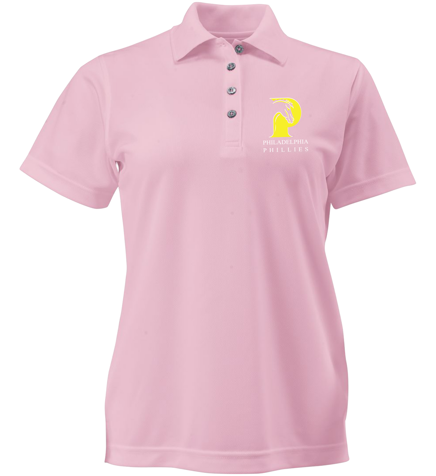 Pink Ladies’ polo embroidered with school logo and school name.