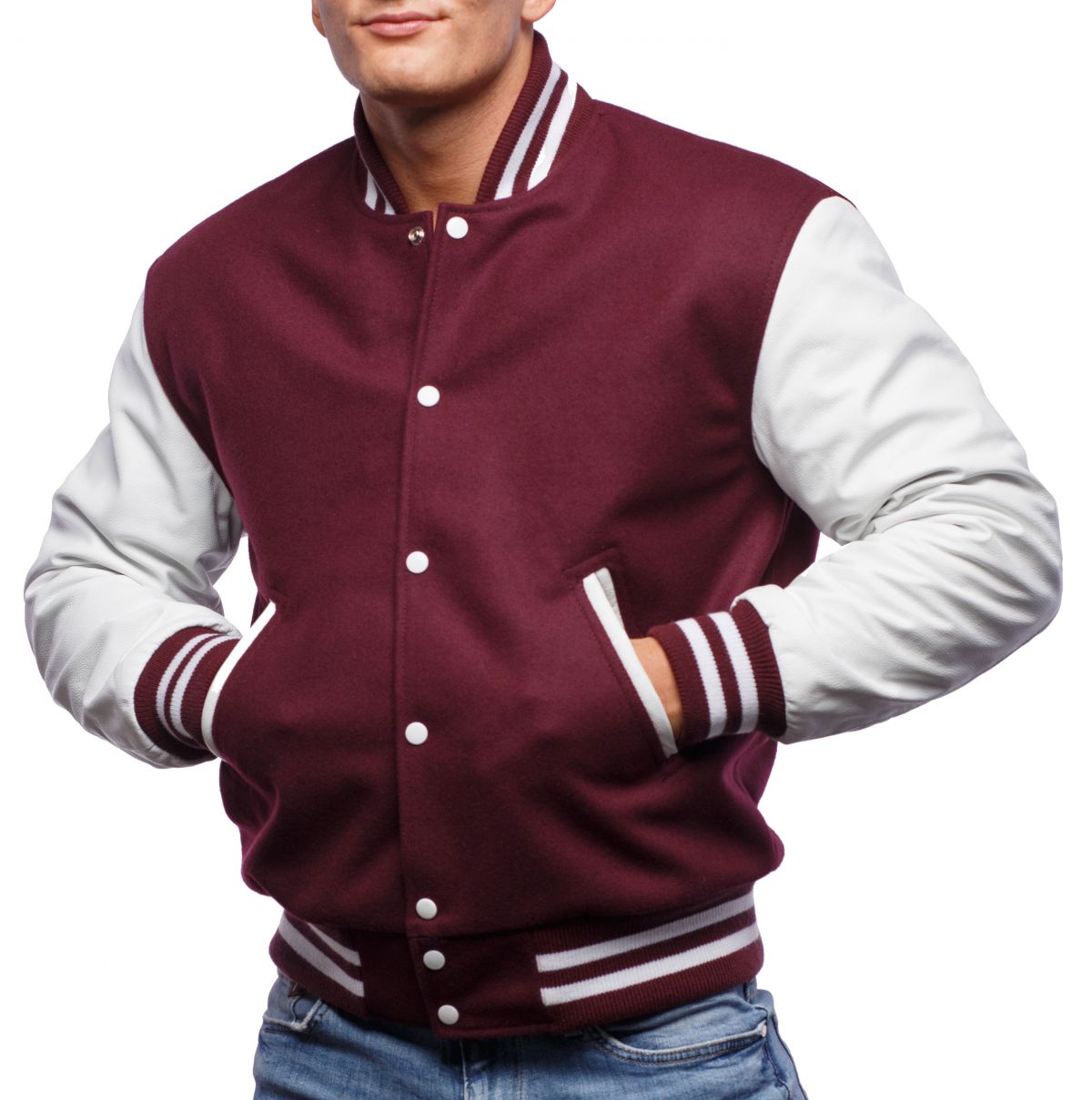 A person wearing a Maroon Wool Body & Bright White Leather Sleeves Letterman Jacket.