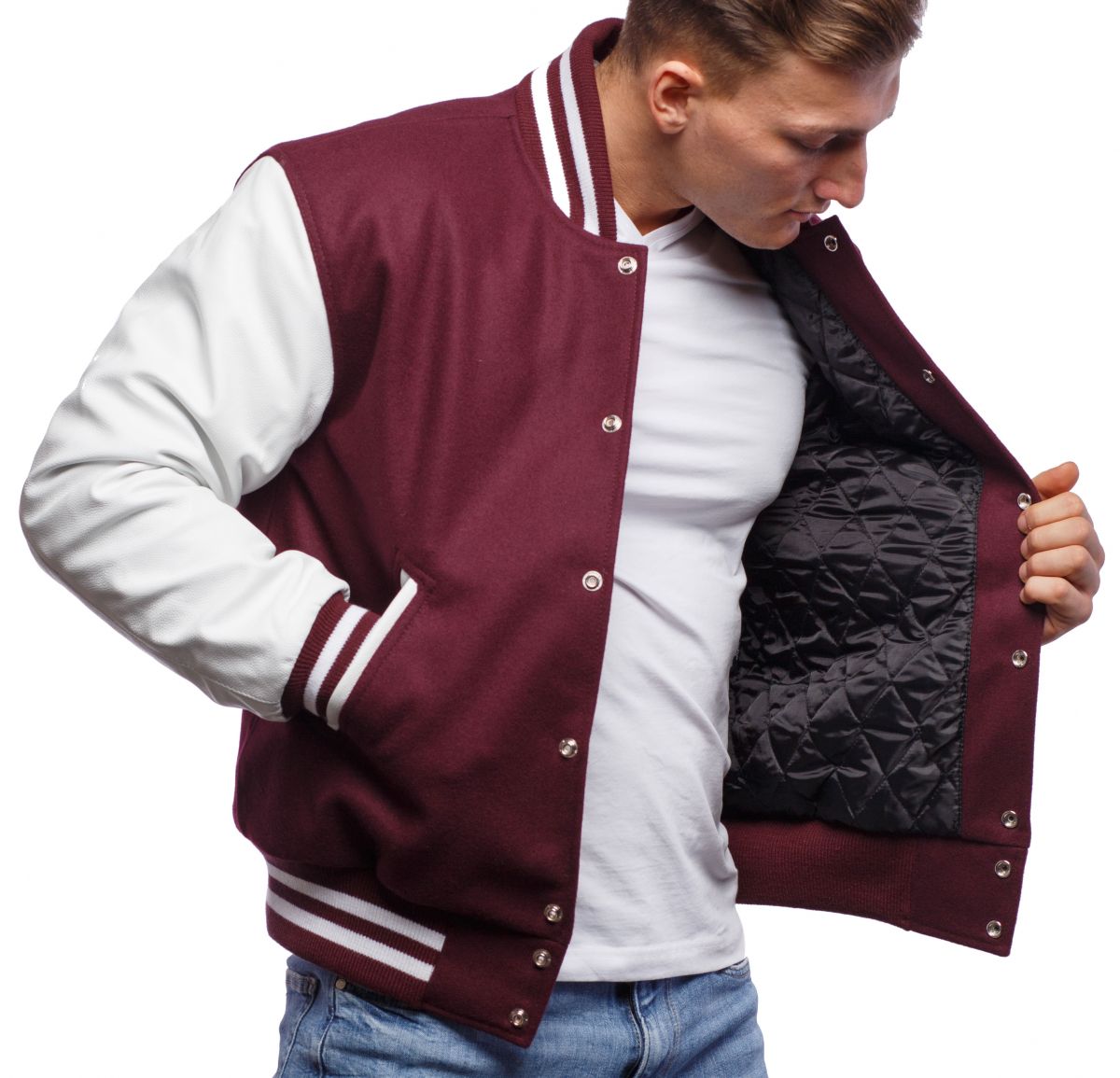 A person wearing a Maroon Wool Body & Bright White Leather Sleeves Letterman Jacket.