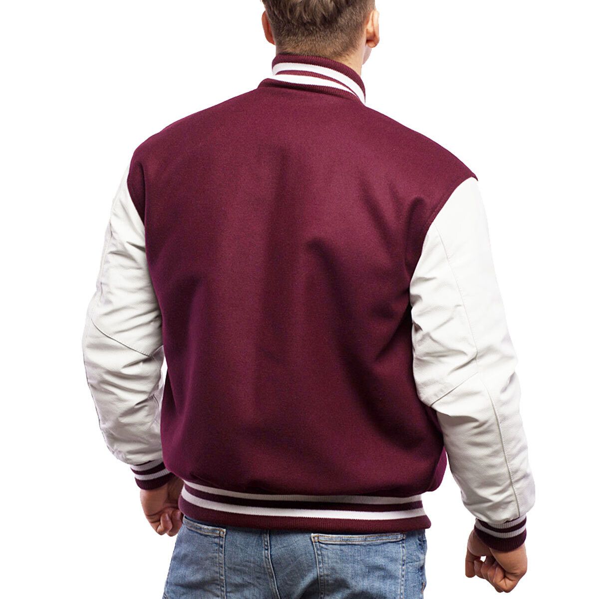 A person wearing a Maroon Wool Body & Bright White Leather Sleeves Letterman Jacket.