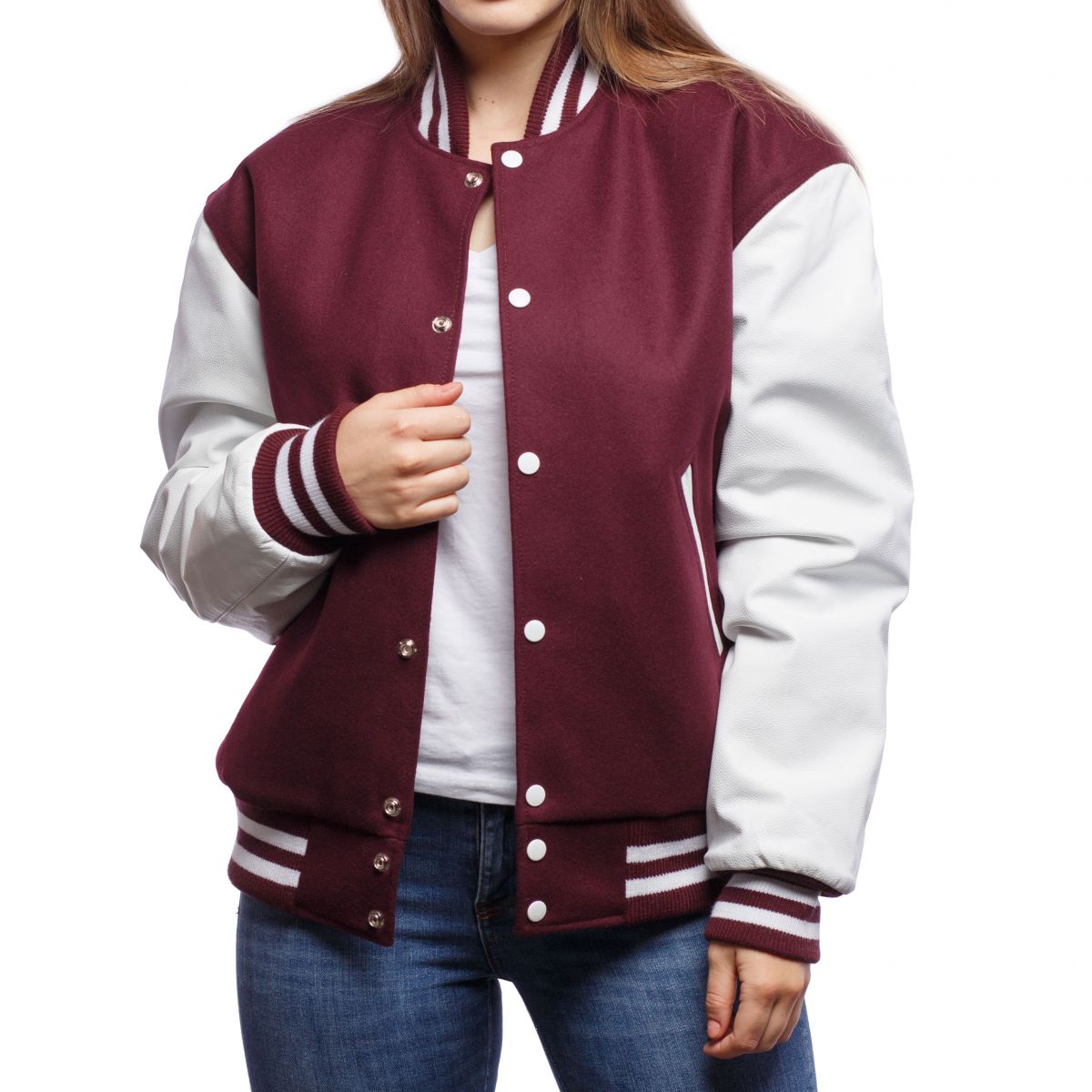 A person wearing a Maroon Wool Body & Bright White Leather Sleeves Letterman Jacket.