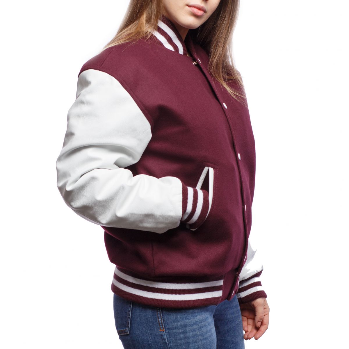 A person wearing a Maroon Wool Body & Bright White Leather Sleeves Letterman Jacket.