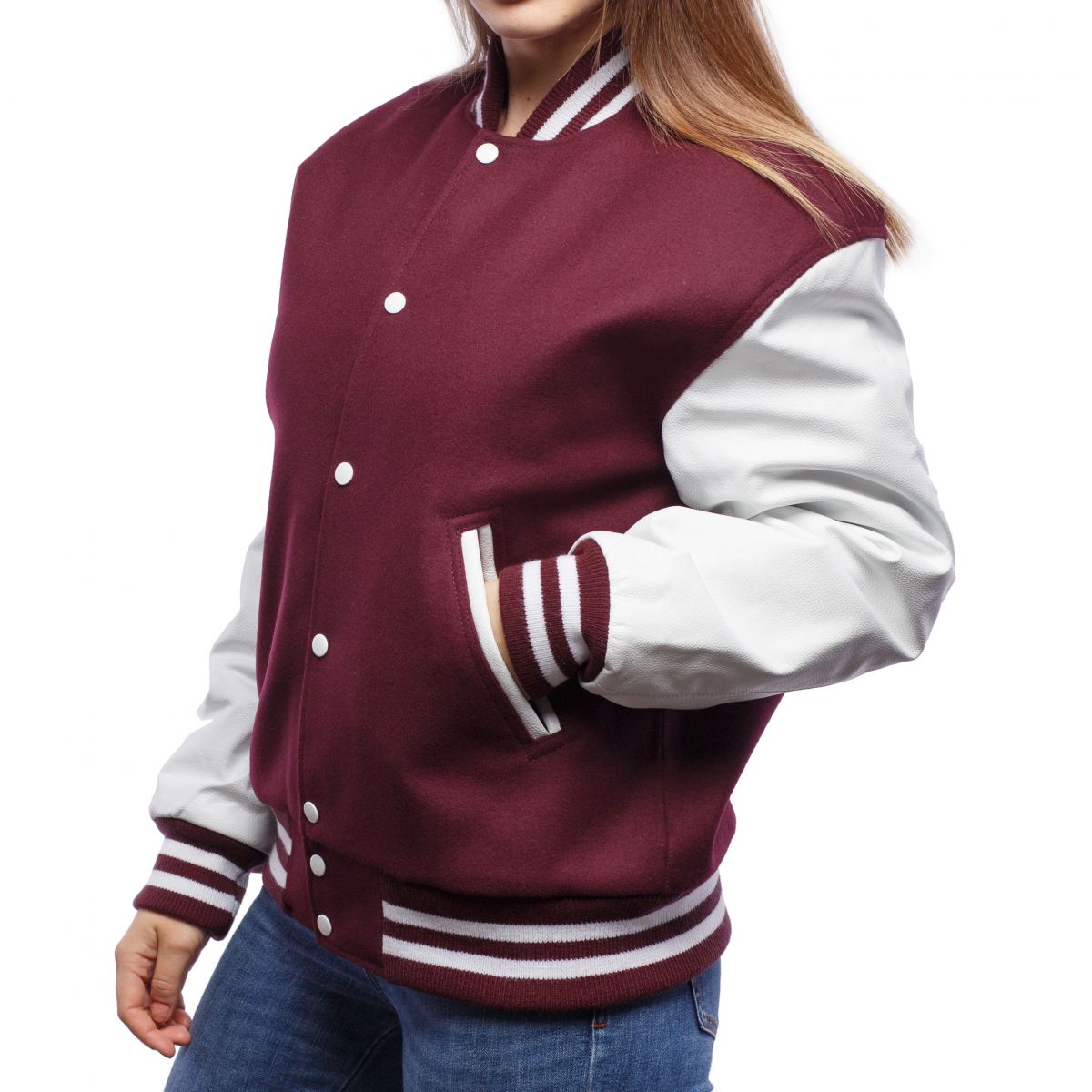 A person wearing a Maroon Wool Body & Bright White Leather Sleeves Letterman Jacket.