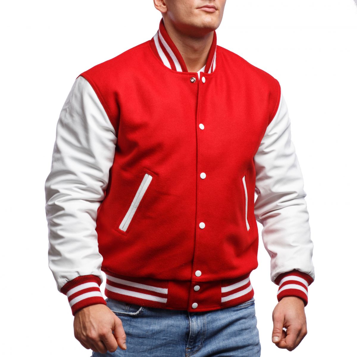 A person wearing a Scarlet Wool Body & Bright White Leather Sleeves Letterman Jacket.