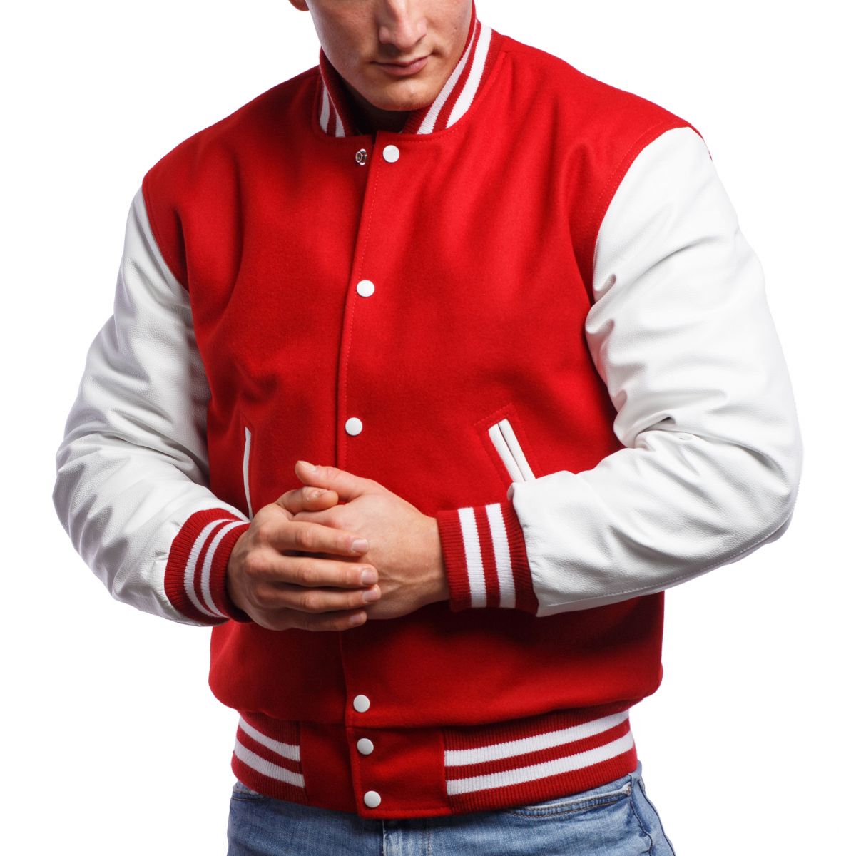 A person wearing a Scarlet Wool Body & Bright White Leather Sleeves Letterman Jacket.