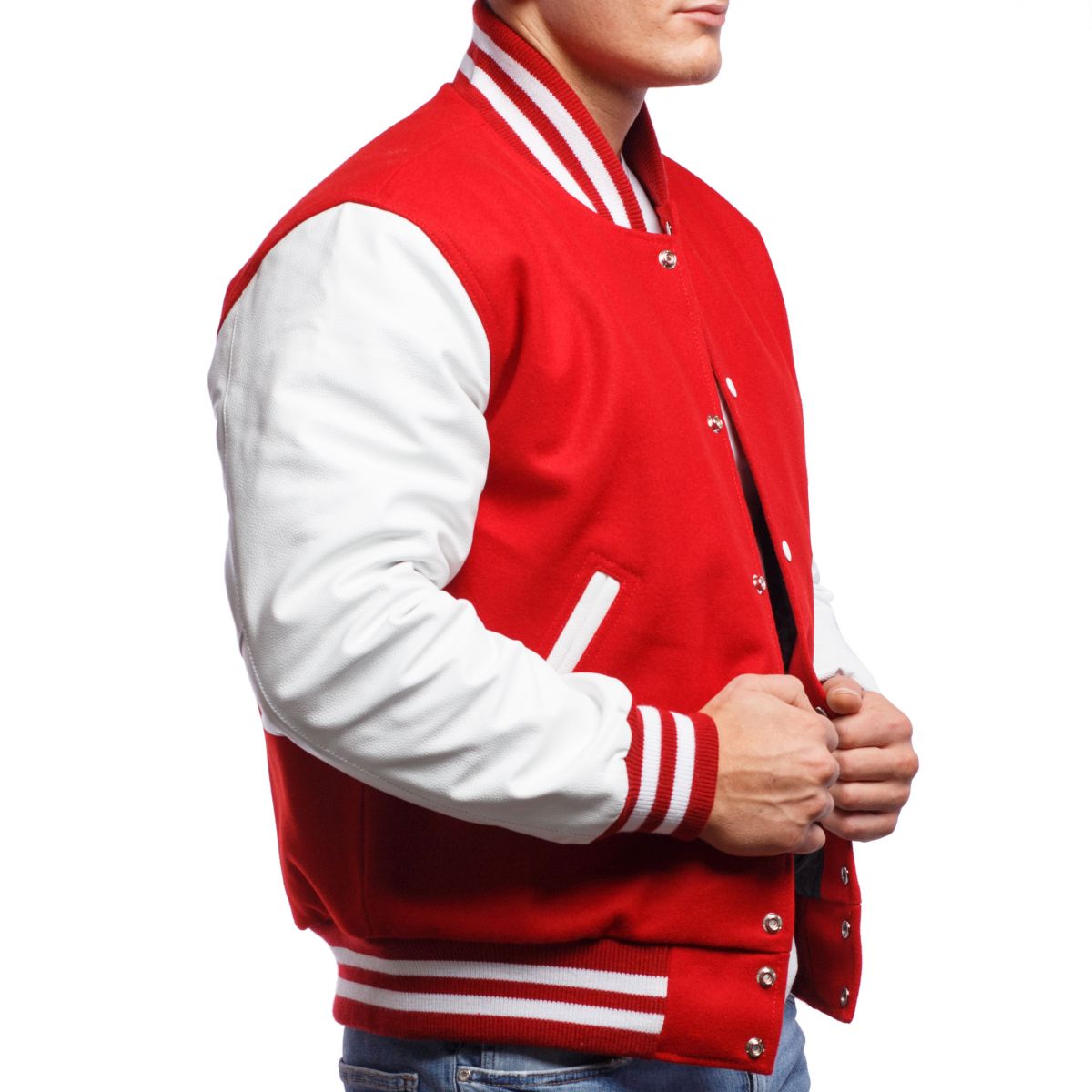 A person wearing a Scarlet Wool Body & Bright White Leather Sleeves Letterman Jacket.