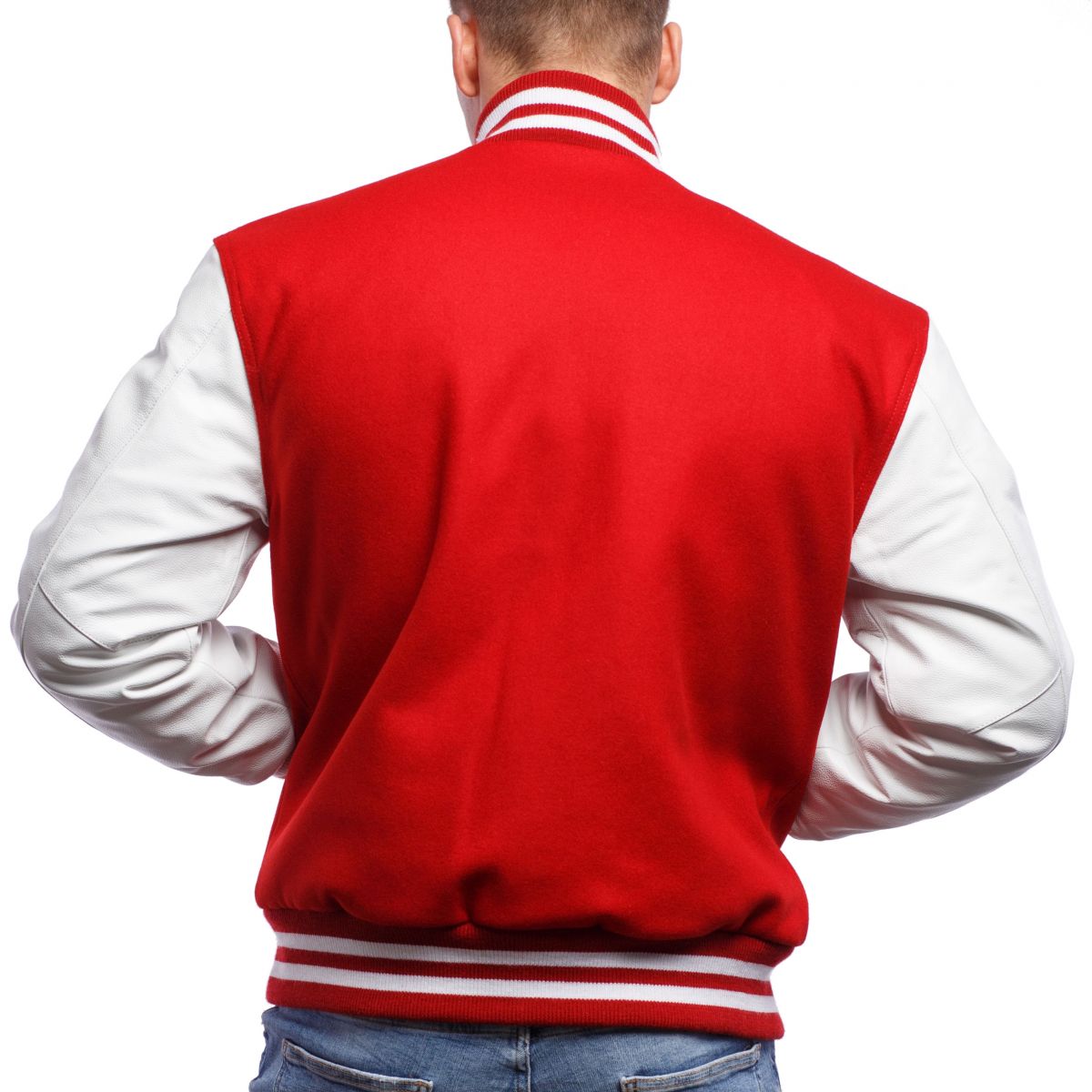 A person wearing a Scarlet Wool Body & Bright White Leather Sleeves Letterman Jacket.