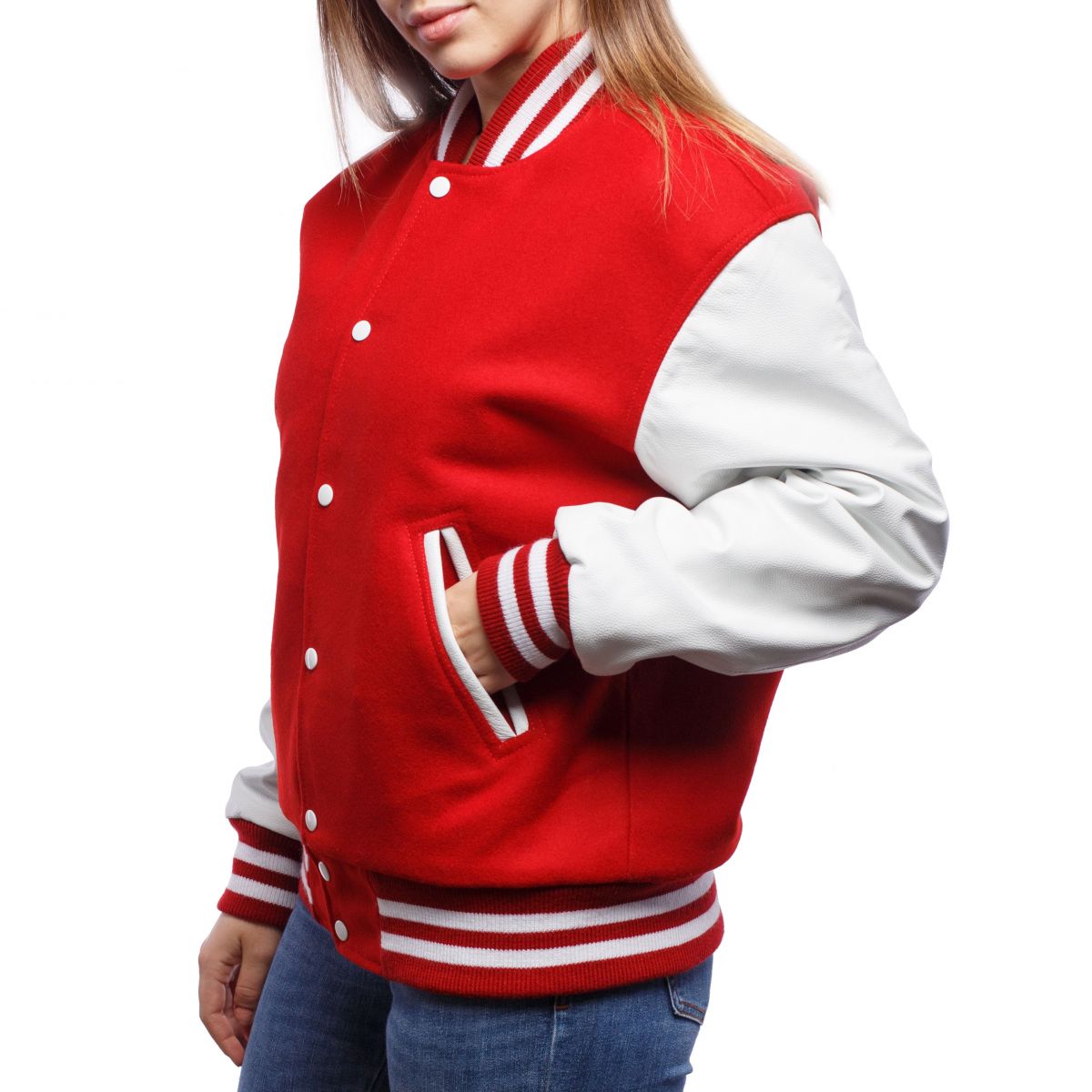 A person wearing a Scarlet Wool Body & Bright White Leather Sleeves Letterman Jacket.
