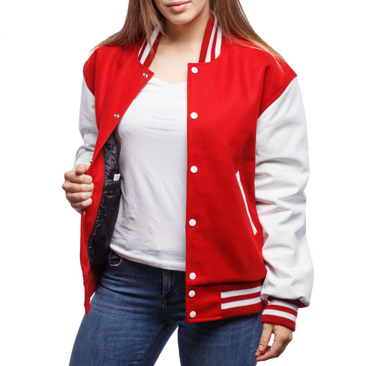 A person wearing a Scarlet Wool Body & Bright White Leather Sleeves Letterman Jacket.
