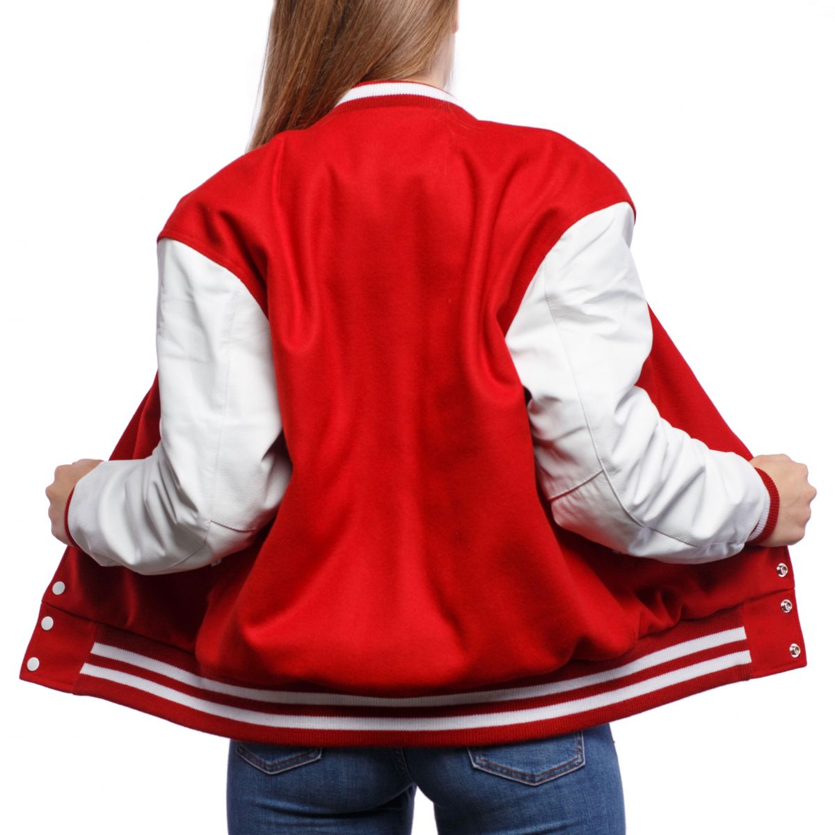 A person wearing a Scarlet Wool Body & Bright White Leather Sleeves Letterman Jacket.