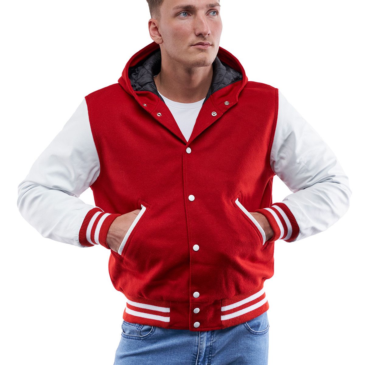 A person wearing a Scarlet Wool Body & Bright White Sleeves Hoodie Letterman Jacket.