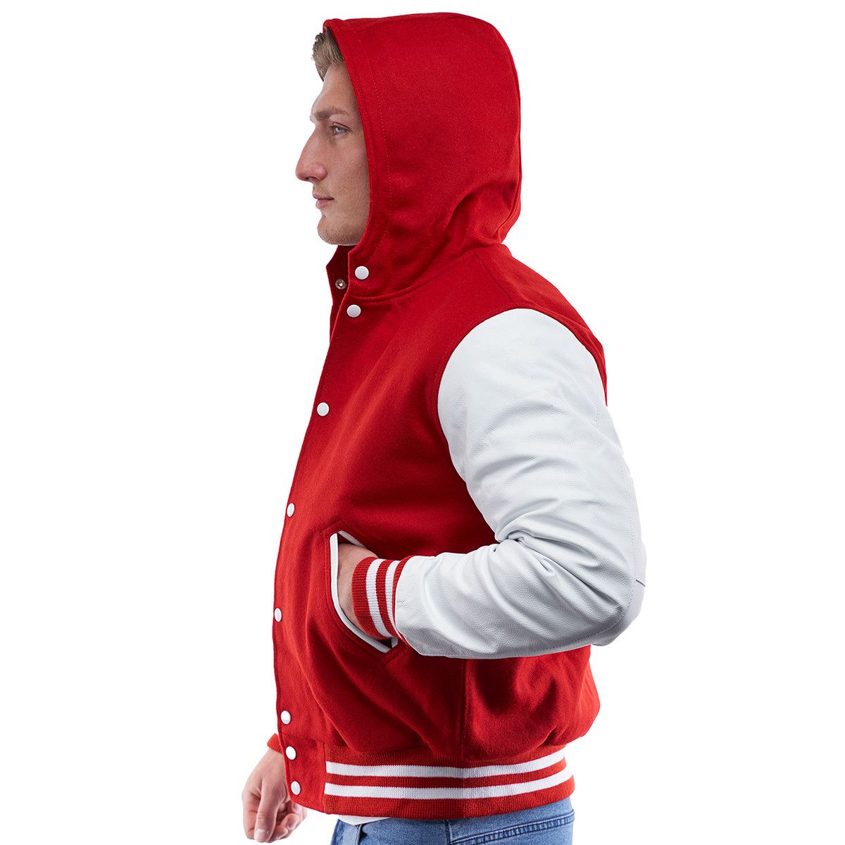 A person wearing a Scarlet Wool Body & Bright White Sleeves Hoodie Letterman Jacket.