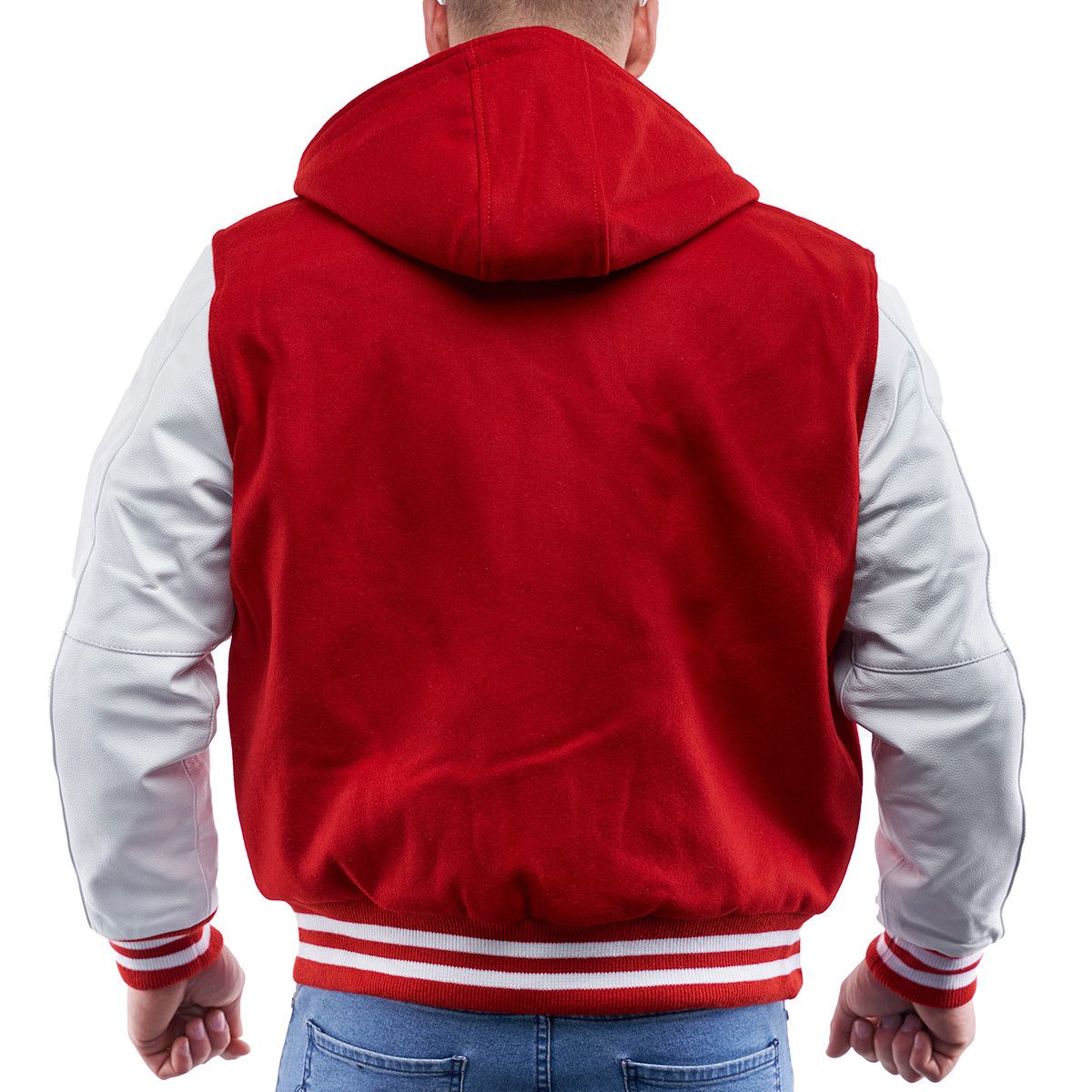 A person wearing a Scarlet Wool Body & Bright White Sleeves Hoodie Letterman Jacket.