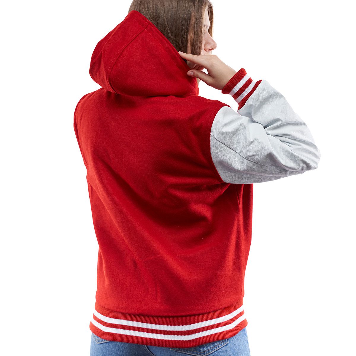 A person wearing a Scarlet Wool Body & Bright White Sleeves Hoodie Letterman Jacket.