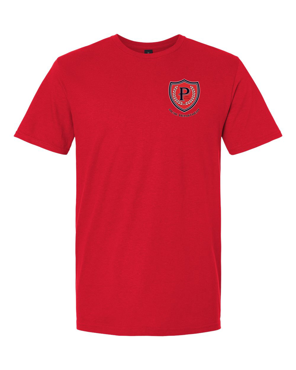 Front of red Pomona High School Music Department T-shirt with crest on the left chest.
