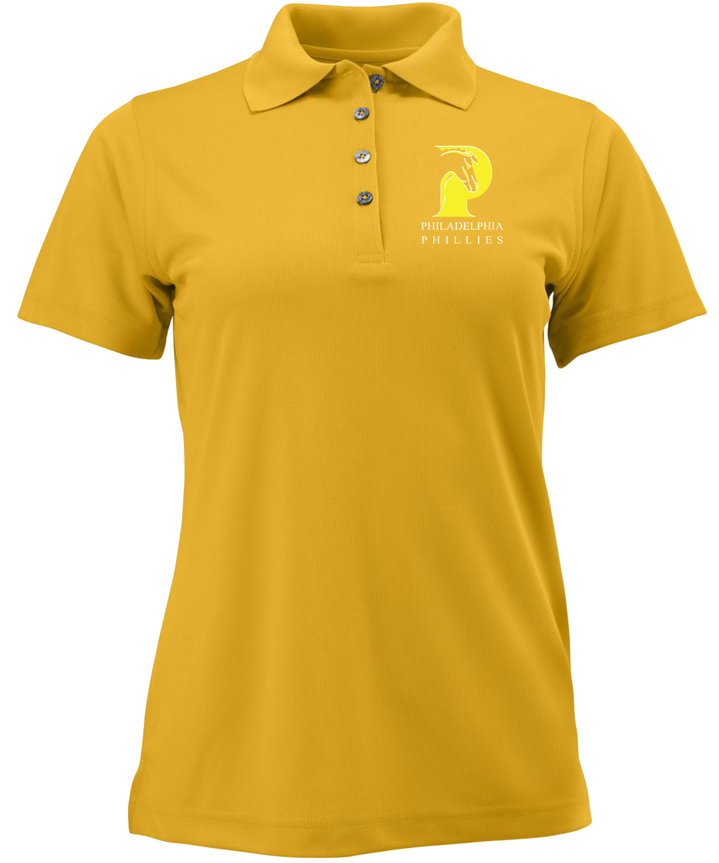 Gold Ladies’ polo embroidered with school logo and school name. 